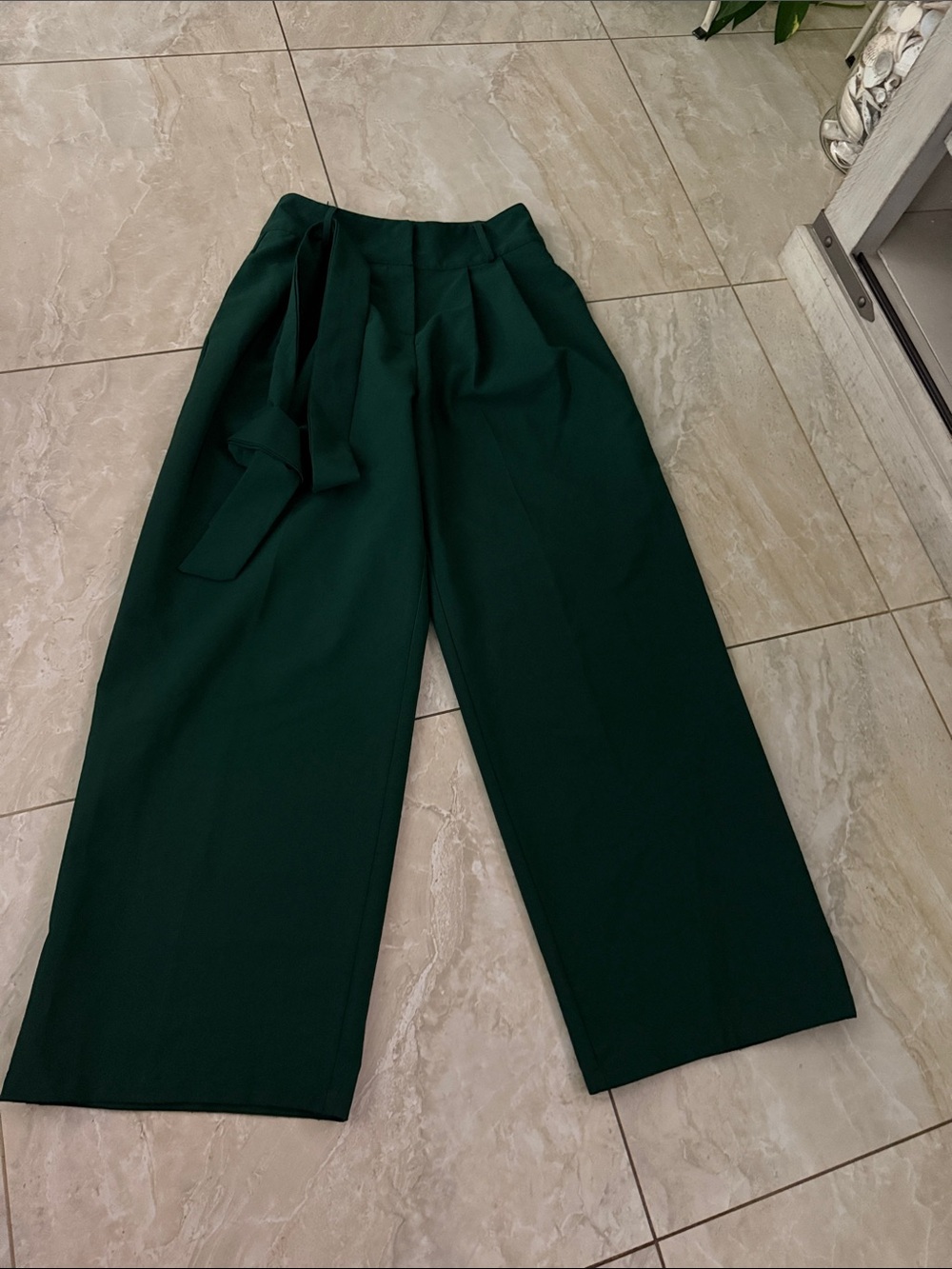 Flying Tomato Deep Green High-Waist Wide-Leg Pants with Tie Belt